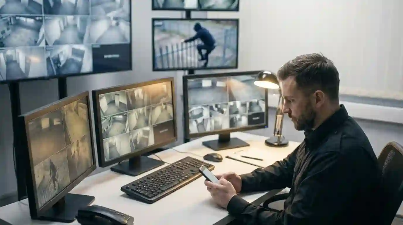 Security guard watching multiple CCTV monitors